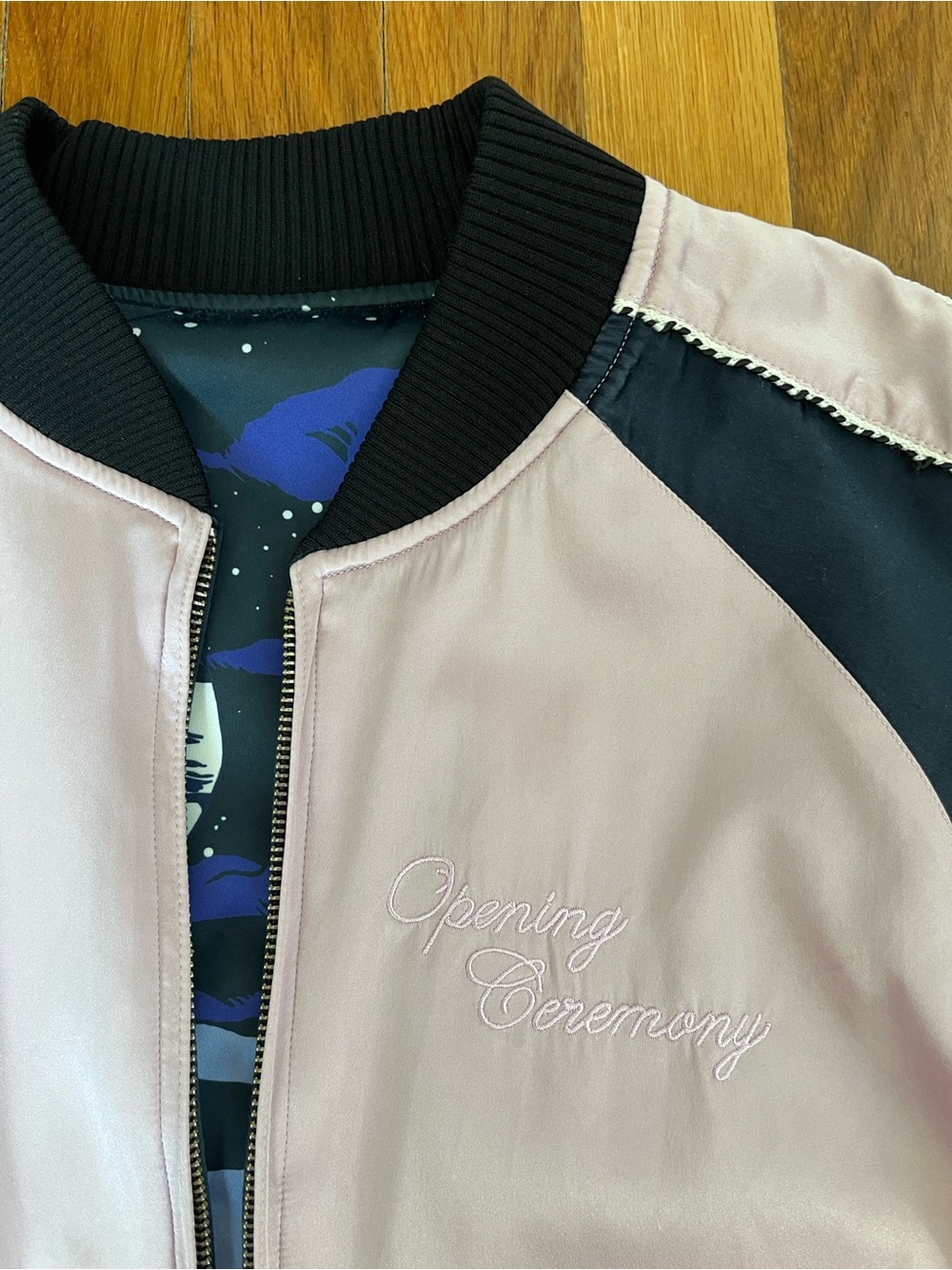 Opening Ceremony Bomber silk reversible embroidered print M pink navy EUC - Picture 5 of 10